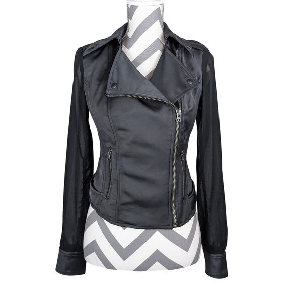 Guess Black Jacket Sheer Sleeve Satin Look Cropped Moto Extra Small XS Y2K - Picture 1 of 15